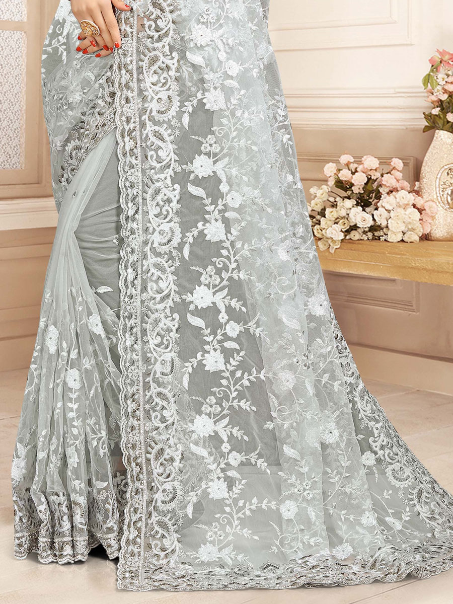 Gray Net Embroidered Festival Saree