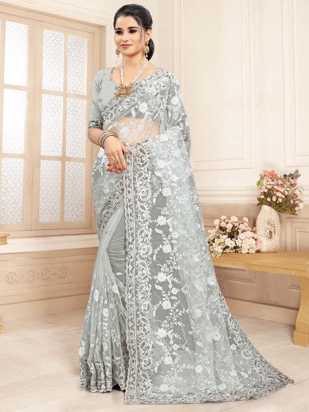 Gray Net Embroidered Festival Saree