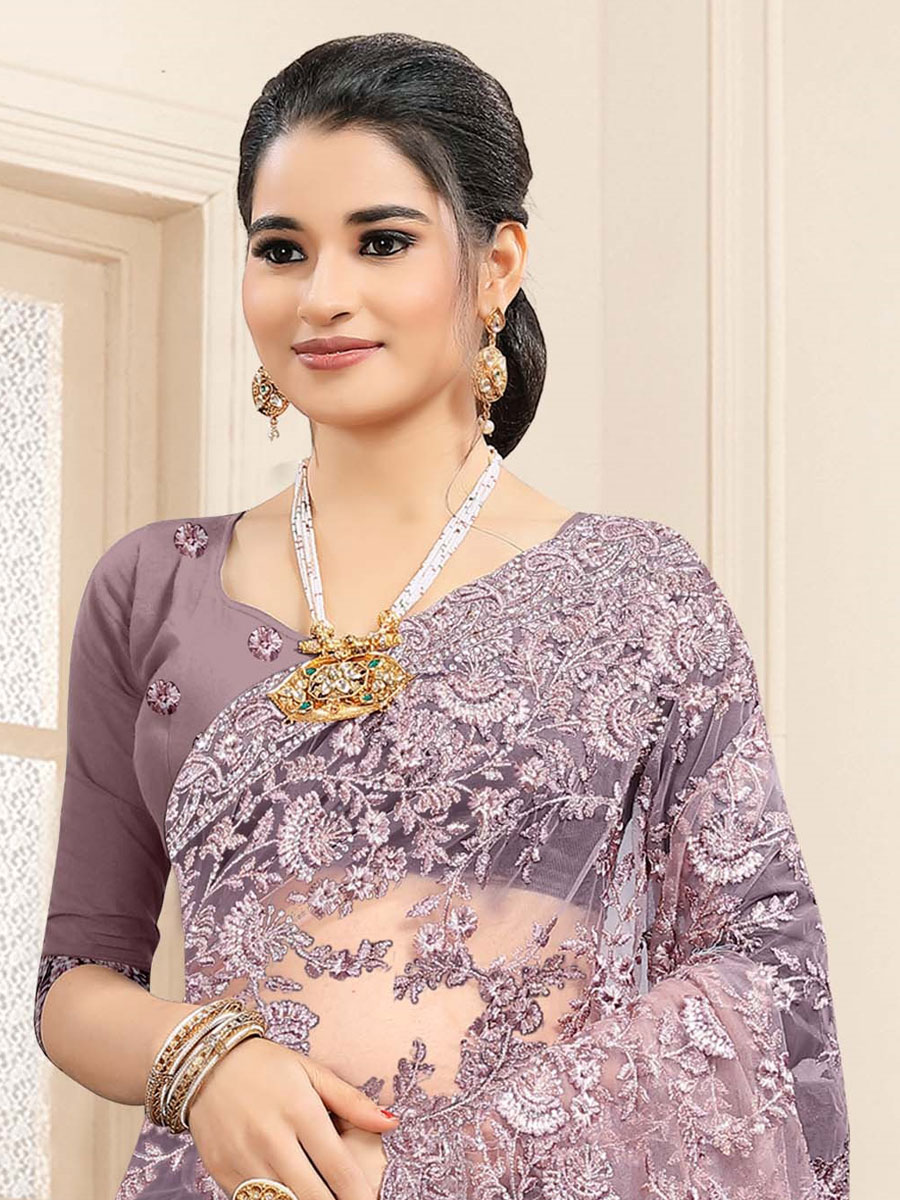Lavender Violet Net Embroidered Festival Saree