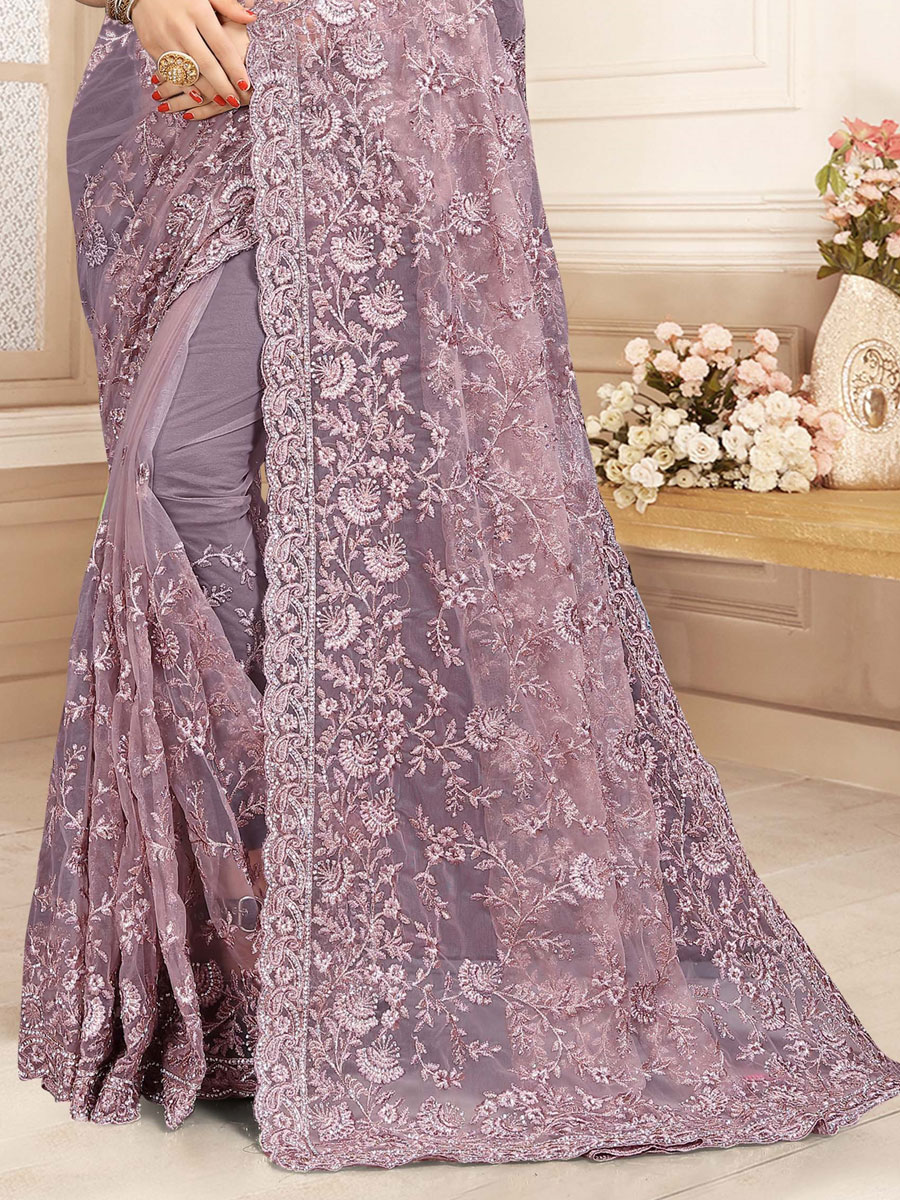 Lavender Violet Net Embroidered Festival Saree