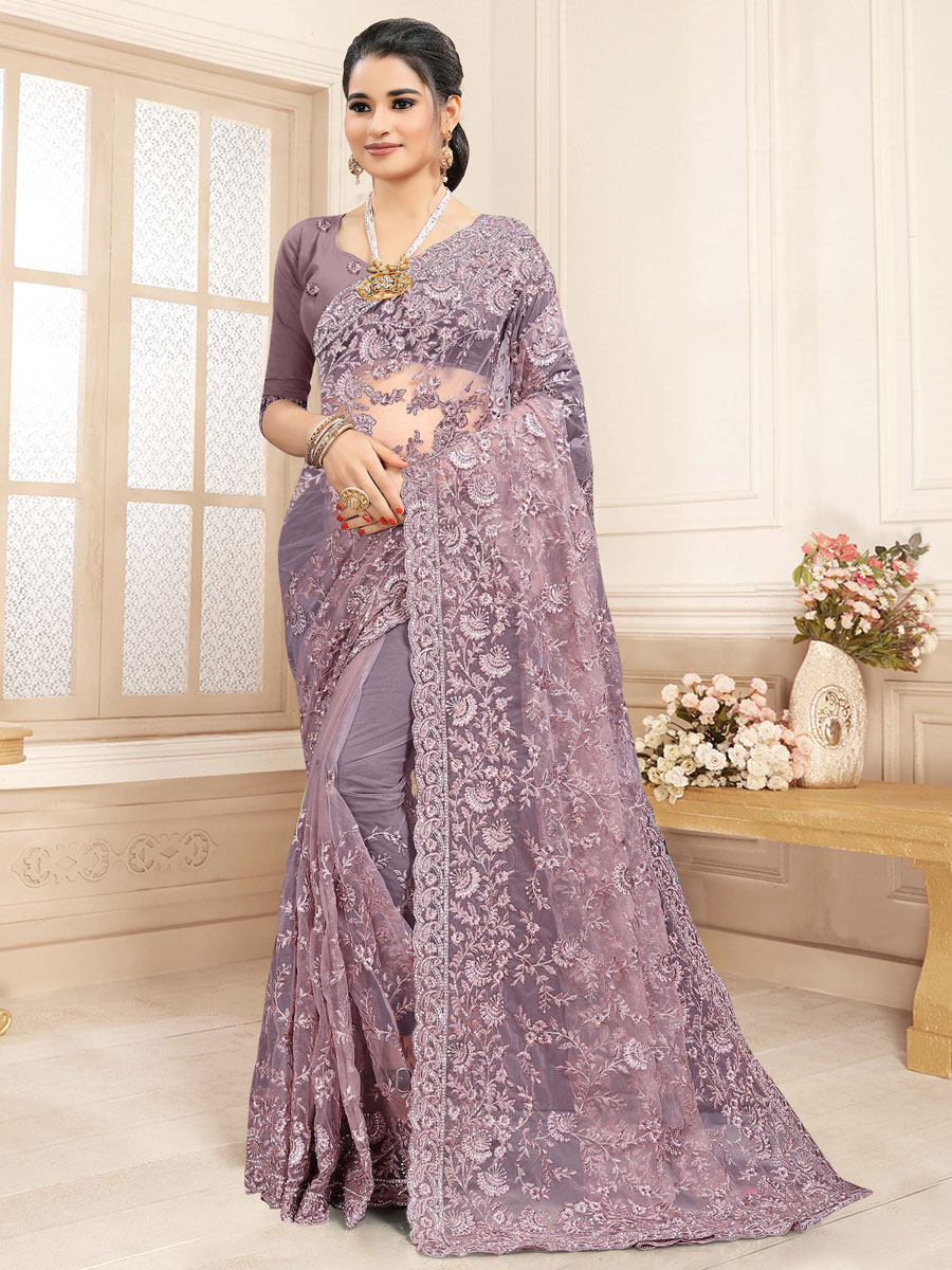 Lavender Violet Net Embroidered Festival Saree