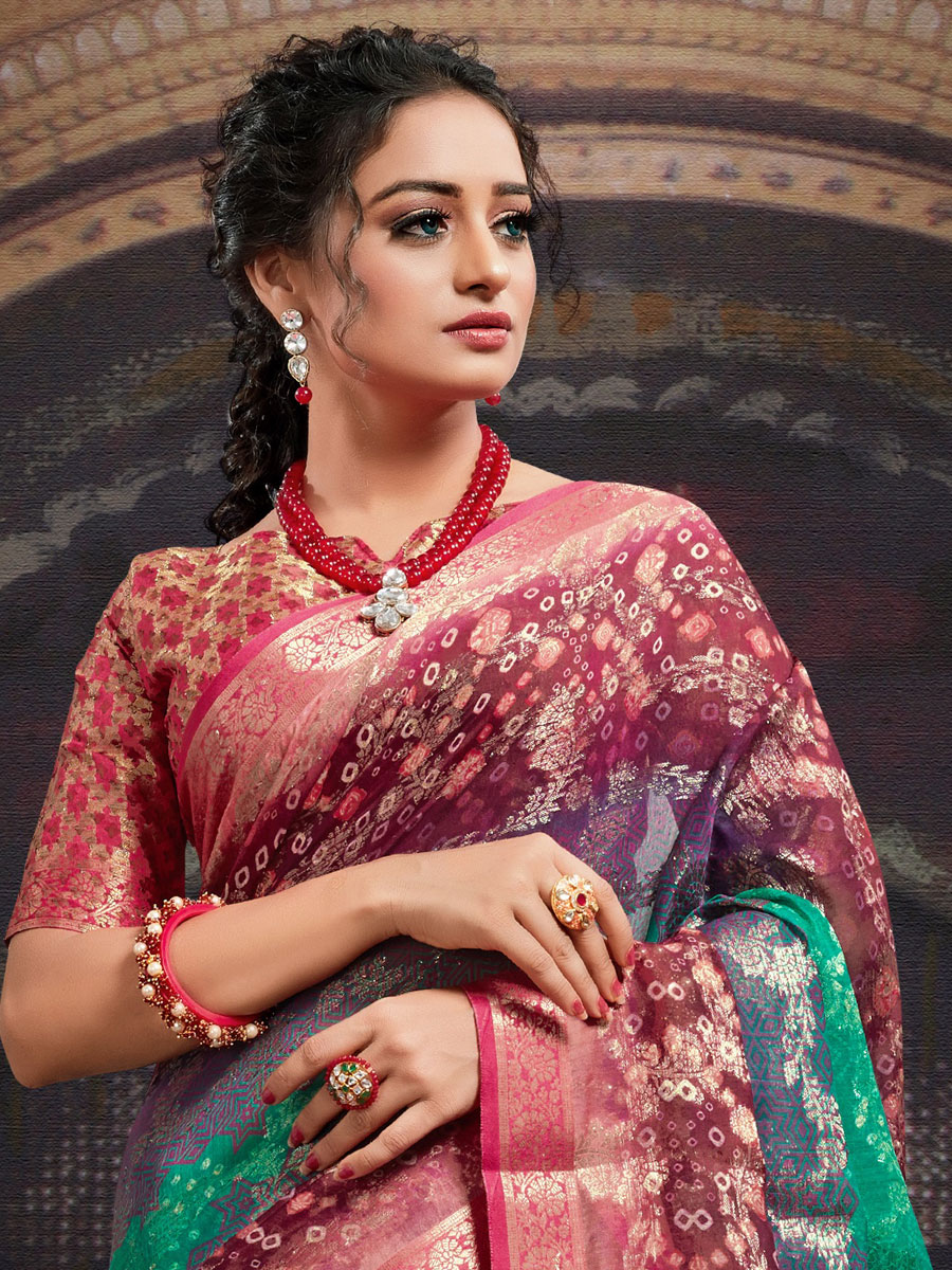 Sea Green and Magenta Pink Chanderi Jacquard Printed Festival Saree