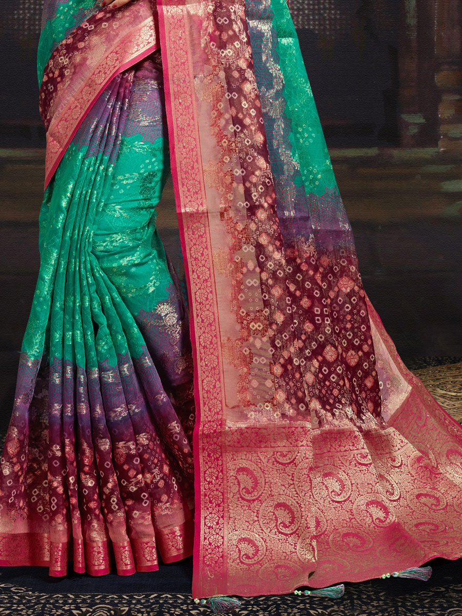 Sea Green and Magenta Pink Chanderi Jacquard Printed Festival Saree