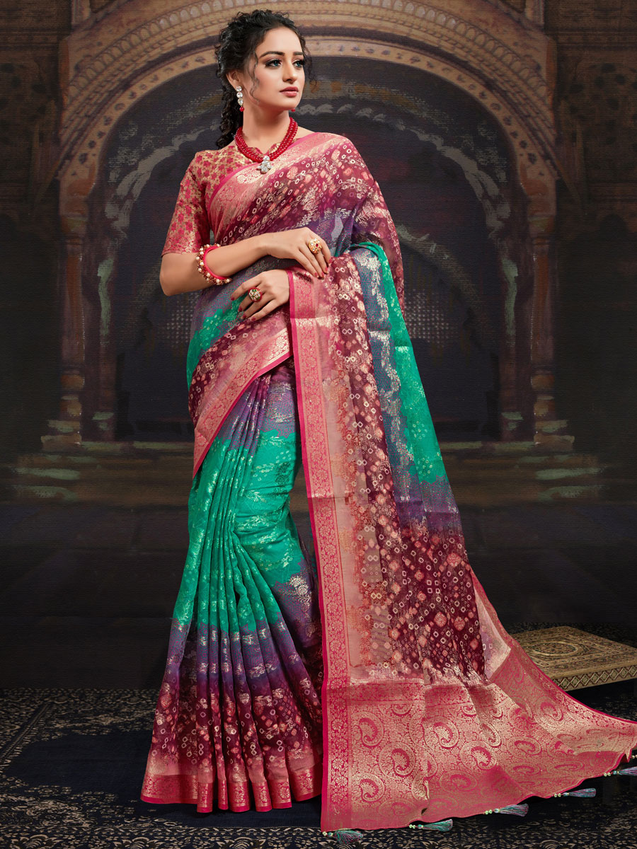 Sea Green and Magenta Pink Chanderi Jacquard Printed Festival Saree