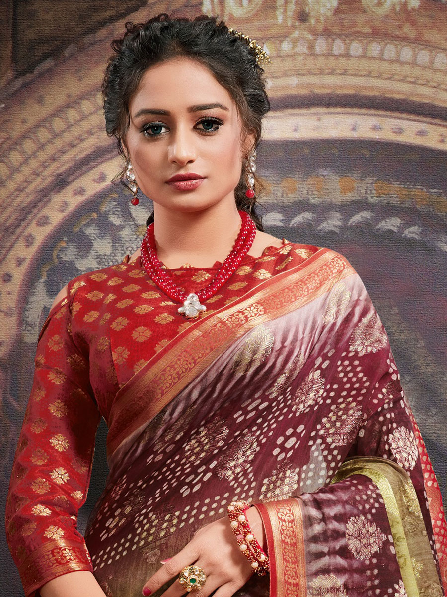 Cordovan Brown and Lemon Yellow Chanderi Jacquard Printed Festival Saree