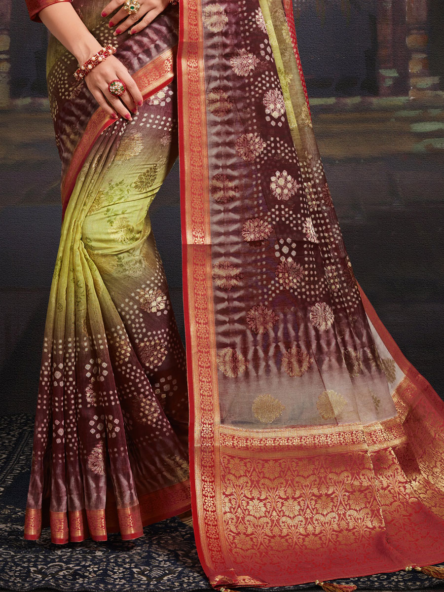 Cordovan Brown and Lemon Yellow Chanderi Jacquard Printed Festival Saree