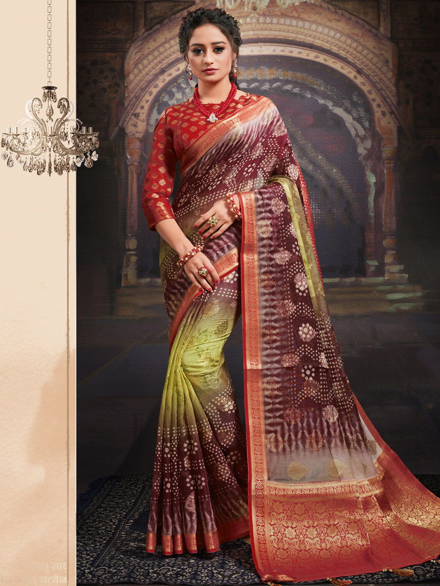 Cordovan Brown and Lemon Yellow Chanderi Jacquard Printed Festival Saree