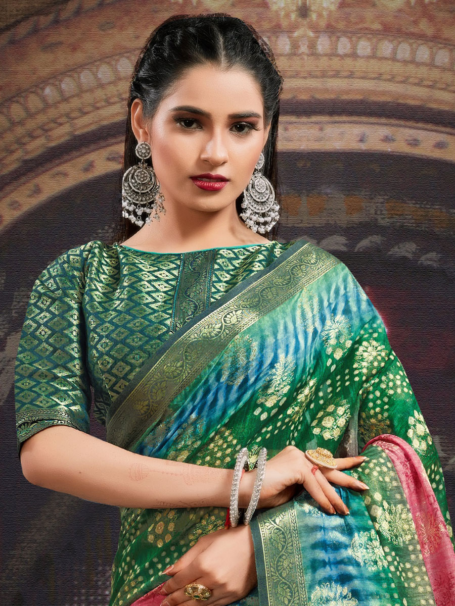 Dark Green and Salmon Pink Chanderi Jacquard Printed Festival Saree