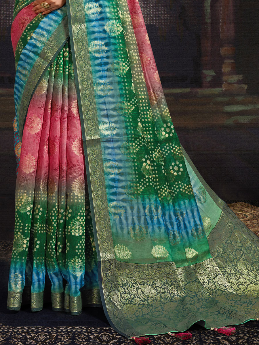 Dark Green and Salmon Pink Chanderi Jacquard Printed Festival Saree