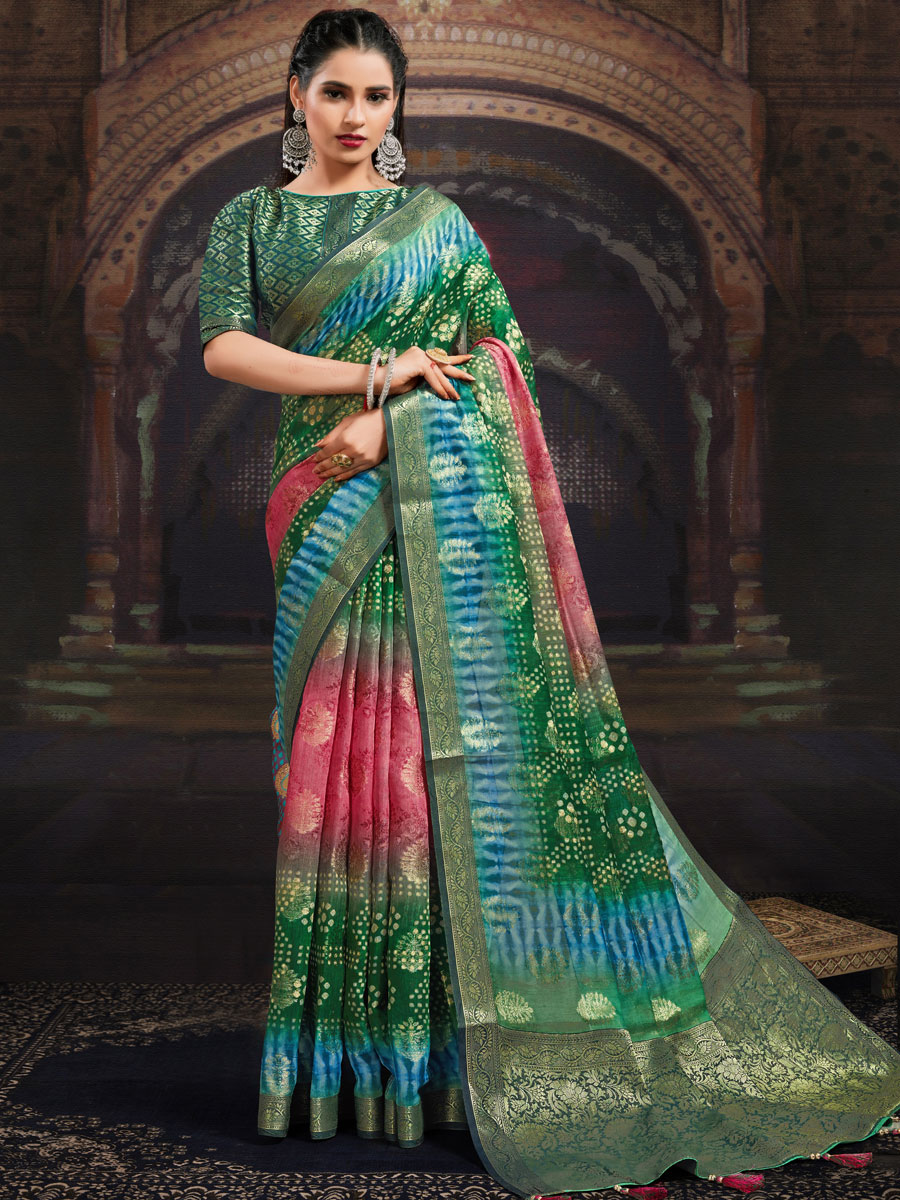 Dark Green and Salmon Pink Chanderi Jacquard Printed Festival Saree