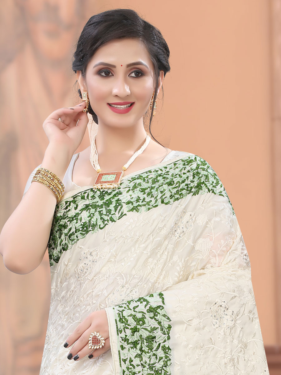 Off-White Satin Embroidered Party Saree