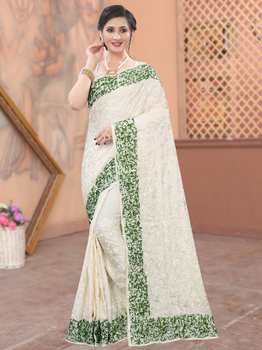 Off-White Satin Embroidered Party Saree
