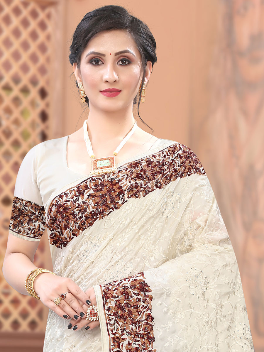 Off-White Satin Embroidered Party Saree