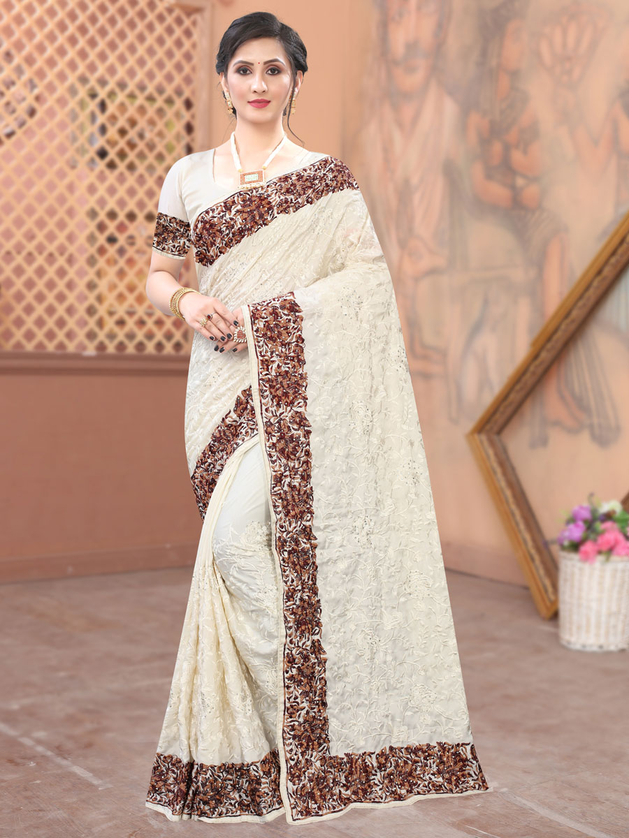 Off-White Satin Embroidered Party Saree