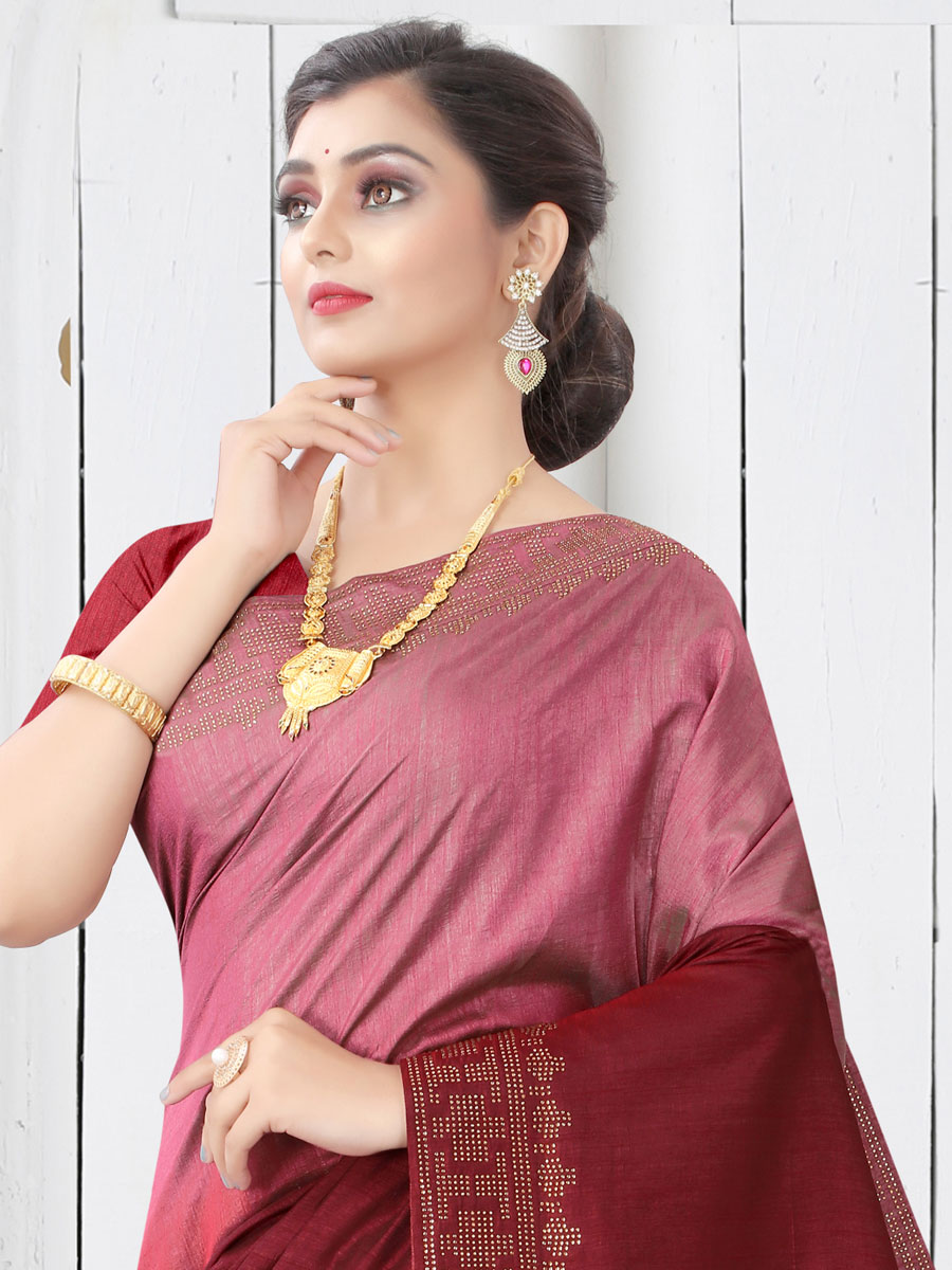 Maroon and Salmon Pink Silk Plain Casual Saree