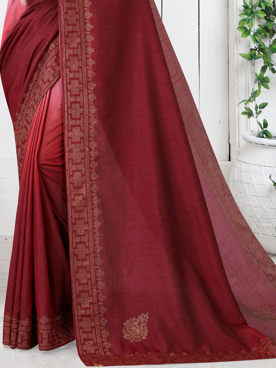 Maroon and Salmon Pink Silk Plain Casual Saree