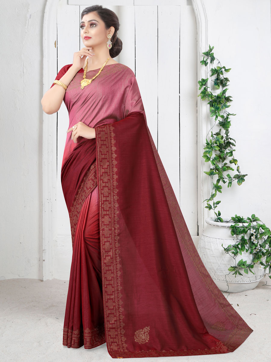 Maroon and Salmon Pink Silk Plain Casual Saree