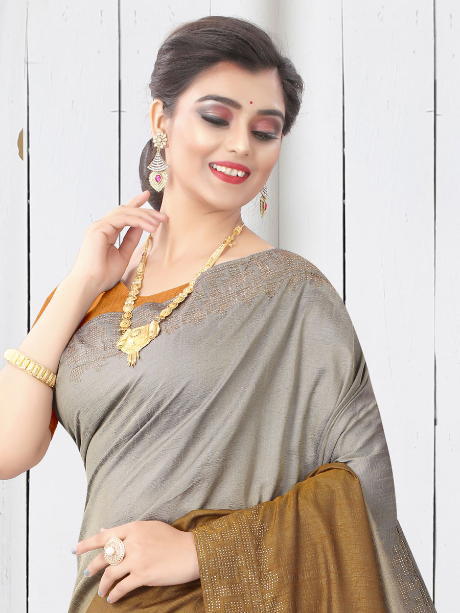 Gray and Mustard Yellow Silk Plain Casual Saree