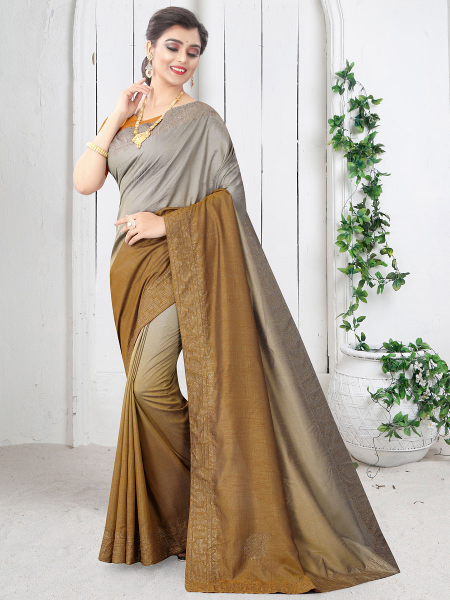Gray and Mustard Yellow Silk Plain Casual Saree