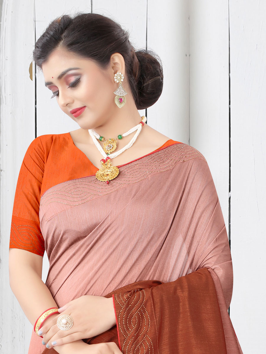 Dark Salmon Orange and Light Pink Silk Plain Casual Saree