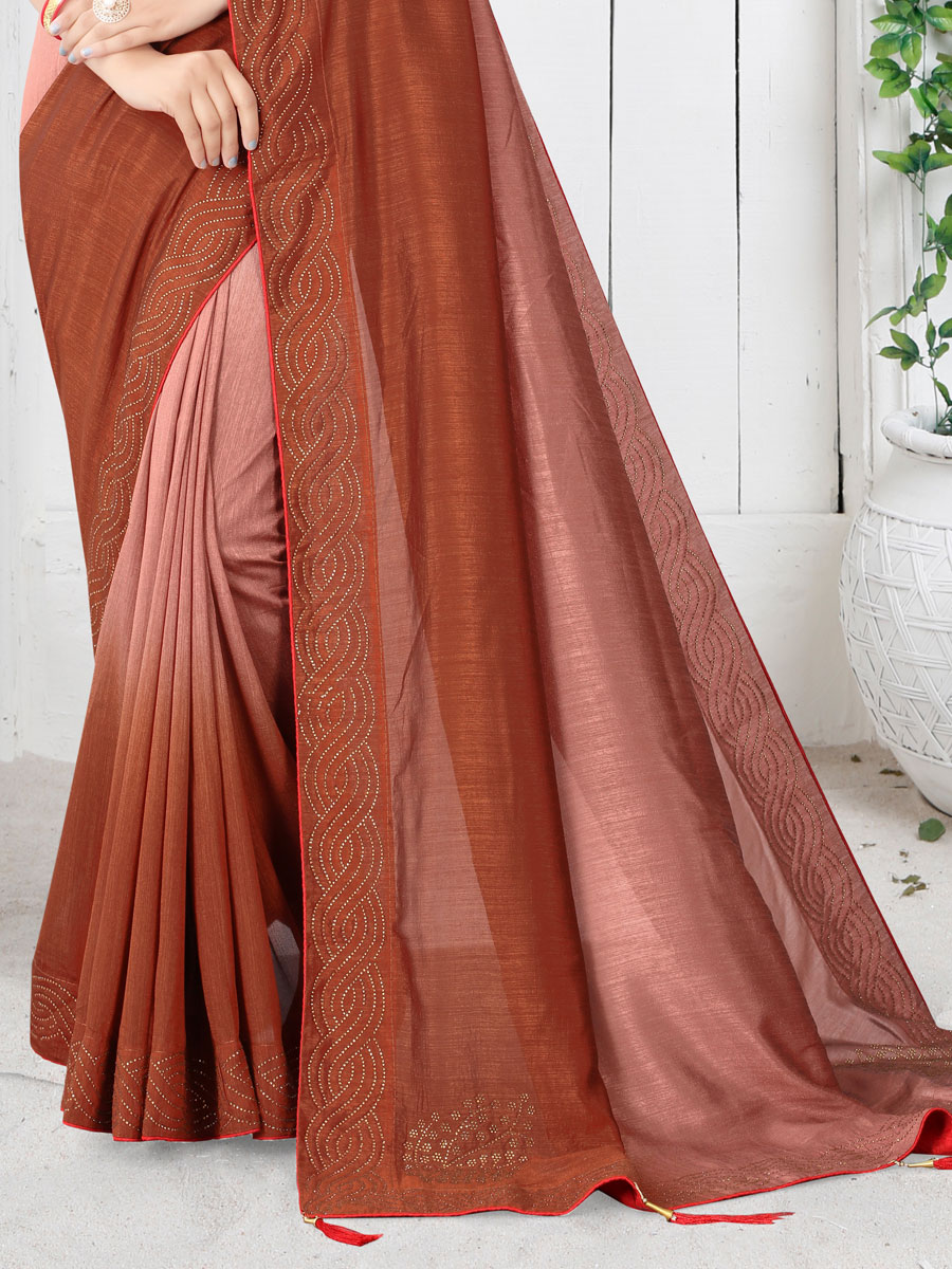 Dark Salmon Orange and Light Pink Silk Plain Casual Saree