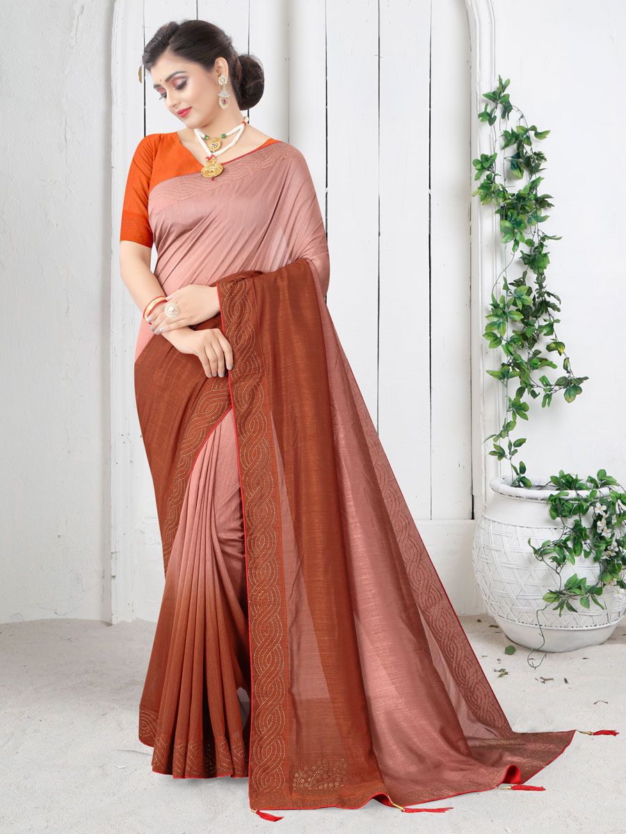 Dark Salmon Orange and Light Pink Silk Plain Casual Saree