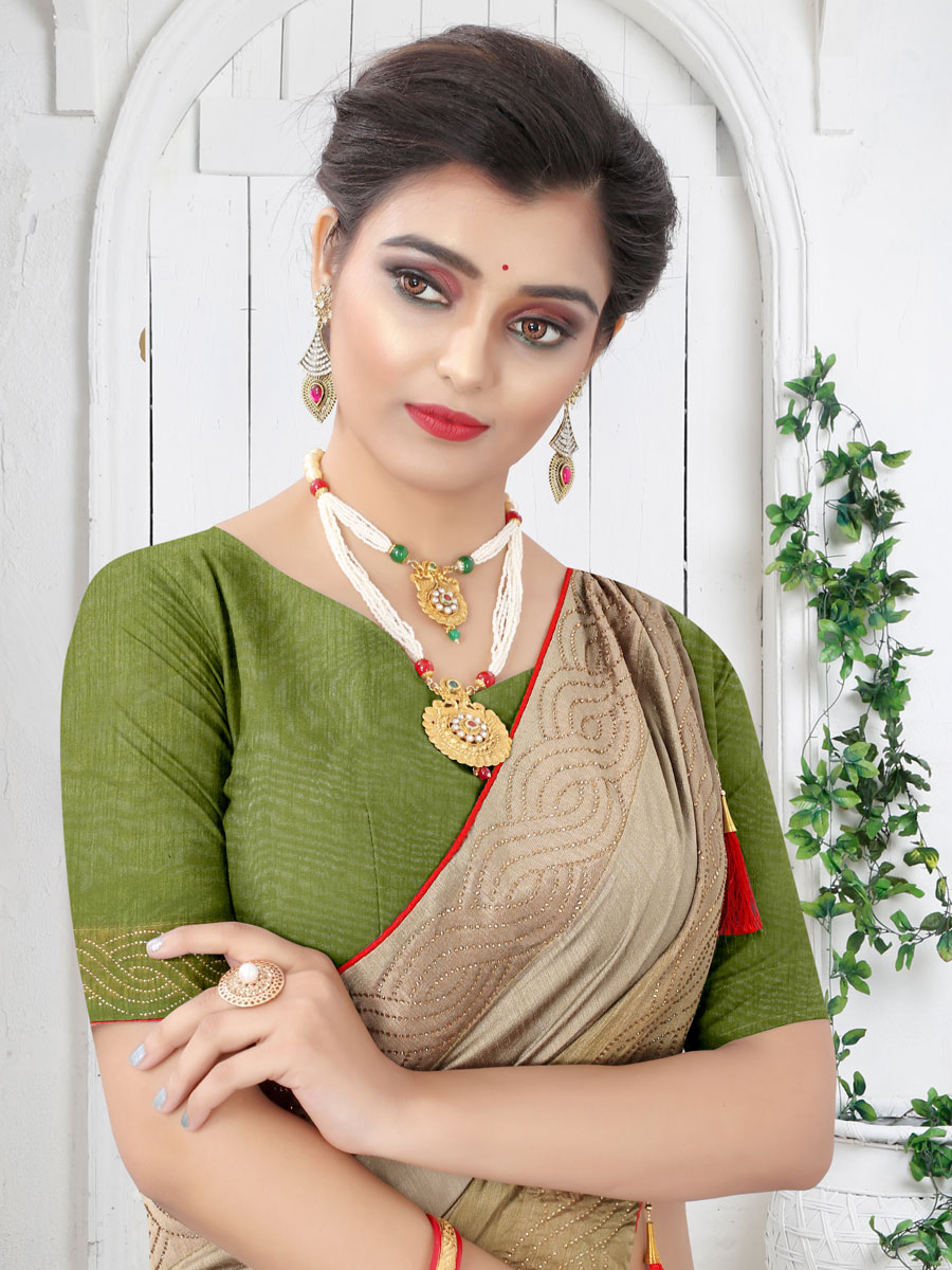 Tan Brown and Asparagus Green Silk Plain Casual Saree