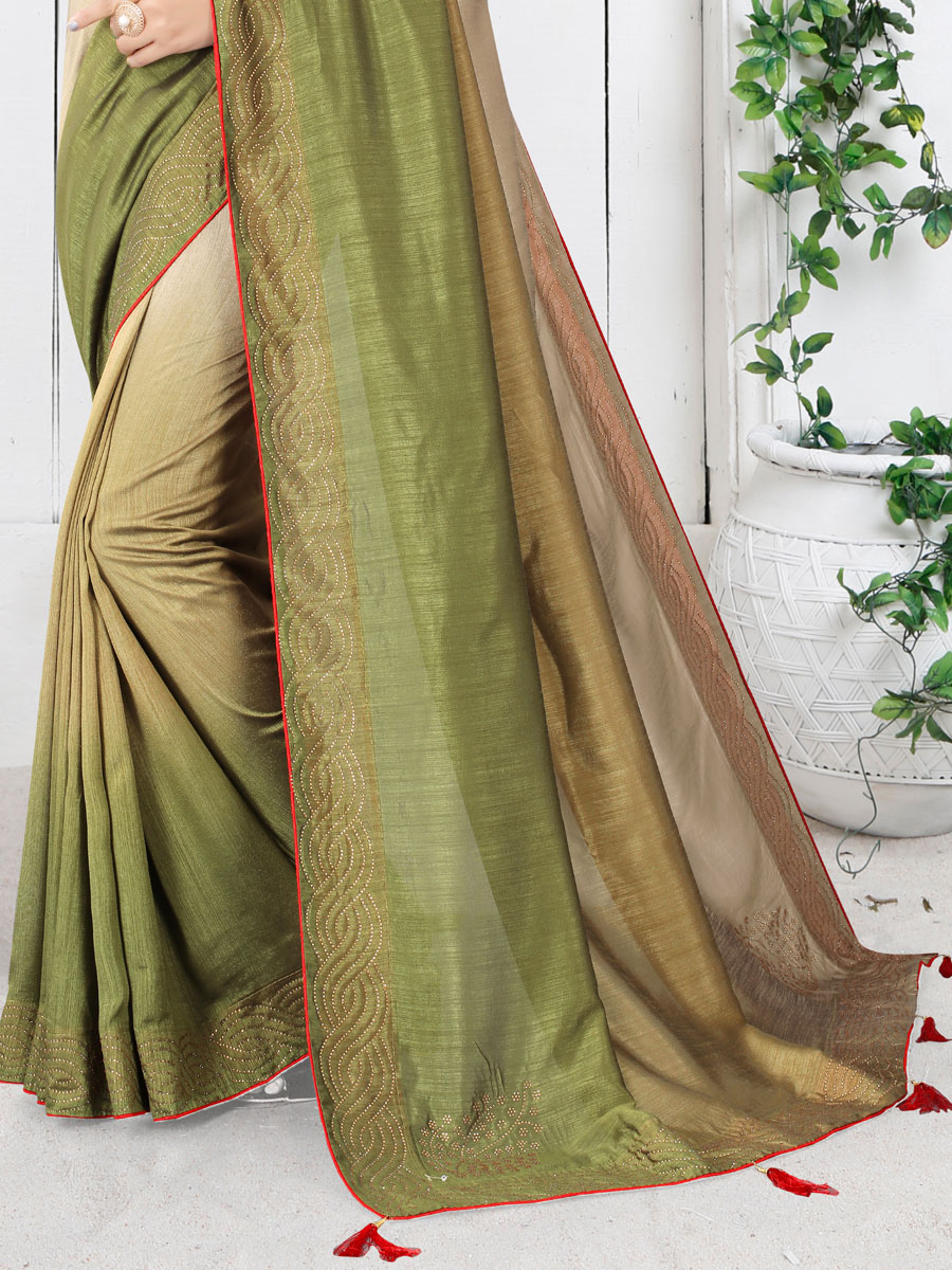 Tan Brown and Asparagus Green Silk Plain Casual Saree