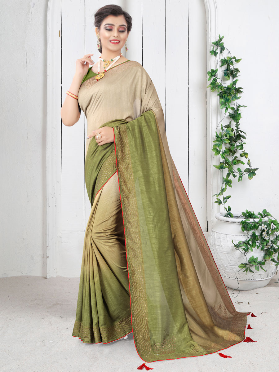 Tan Brown and Asparagus Green Silk Plain Casual Saree