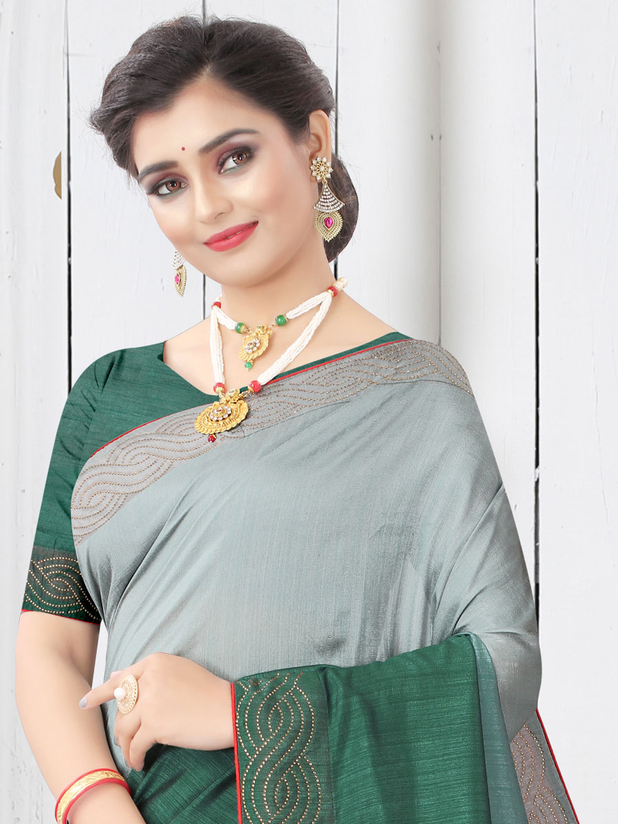 Viridian Green and Gray Silk Plain Casual Saree
