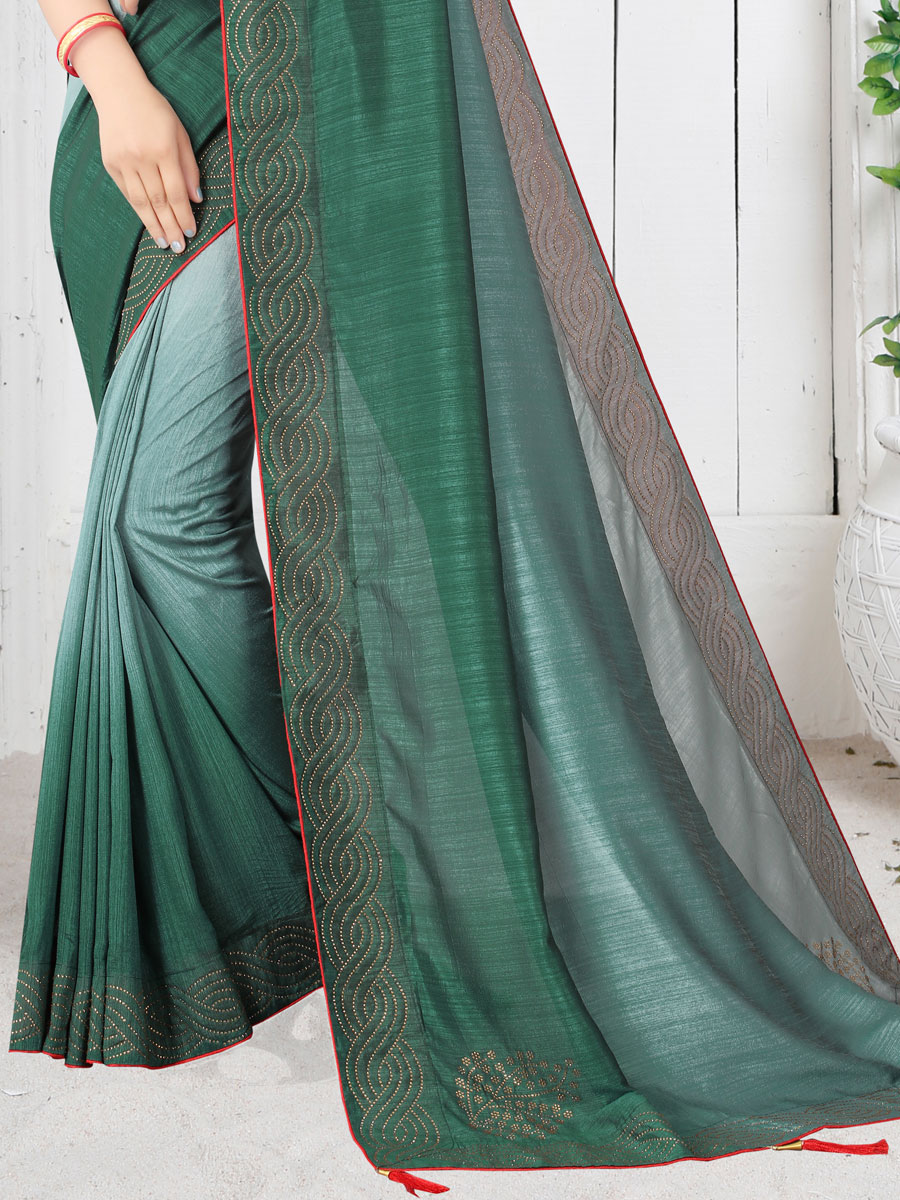 Viridian Green and Gray Silk Plain Casual Saree