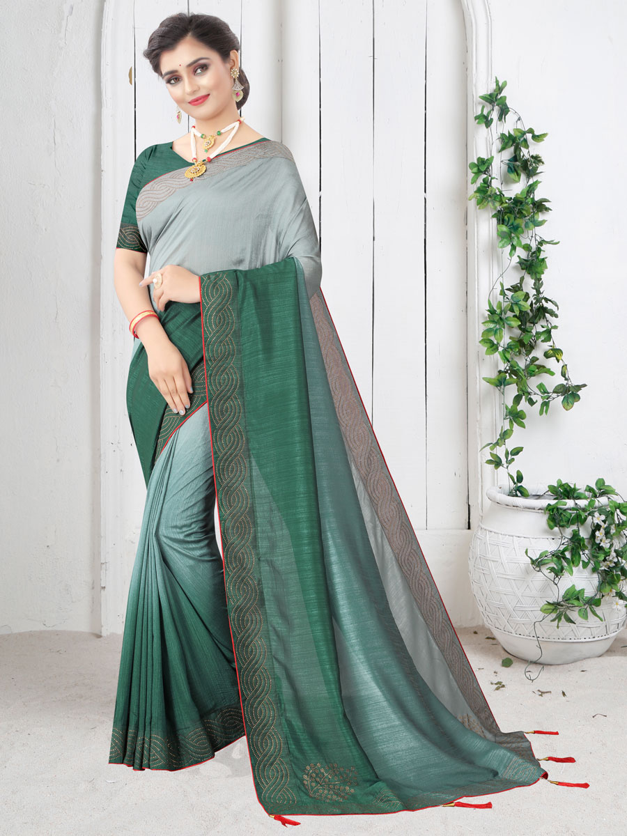 Viridian Green and Gray Silk Plain Casual Saree