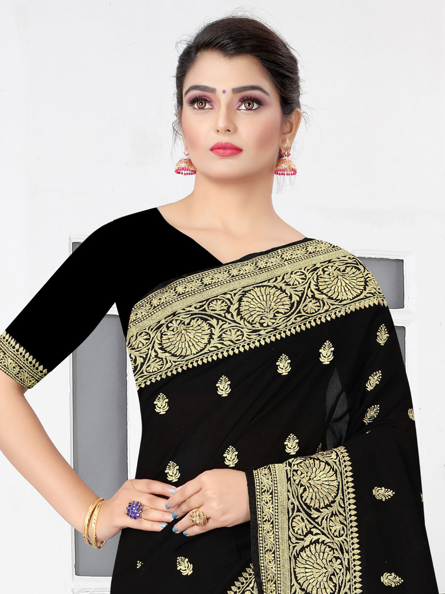 Black Vichitra Silk Embroidered Party Saree