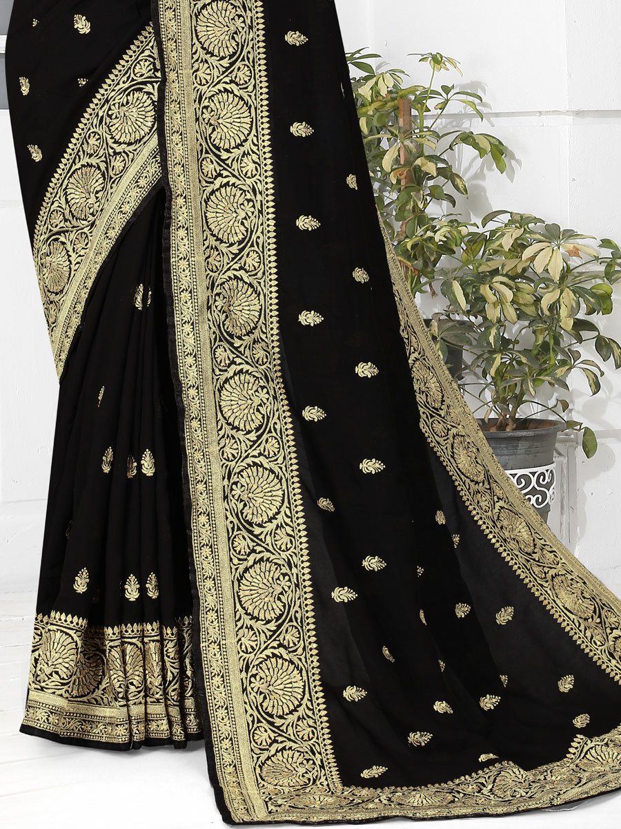 Black Vichitra Silk Embroidered Party Saree