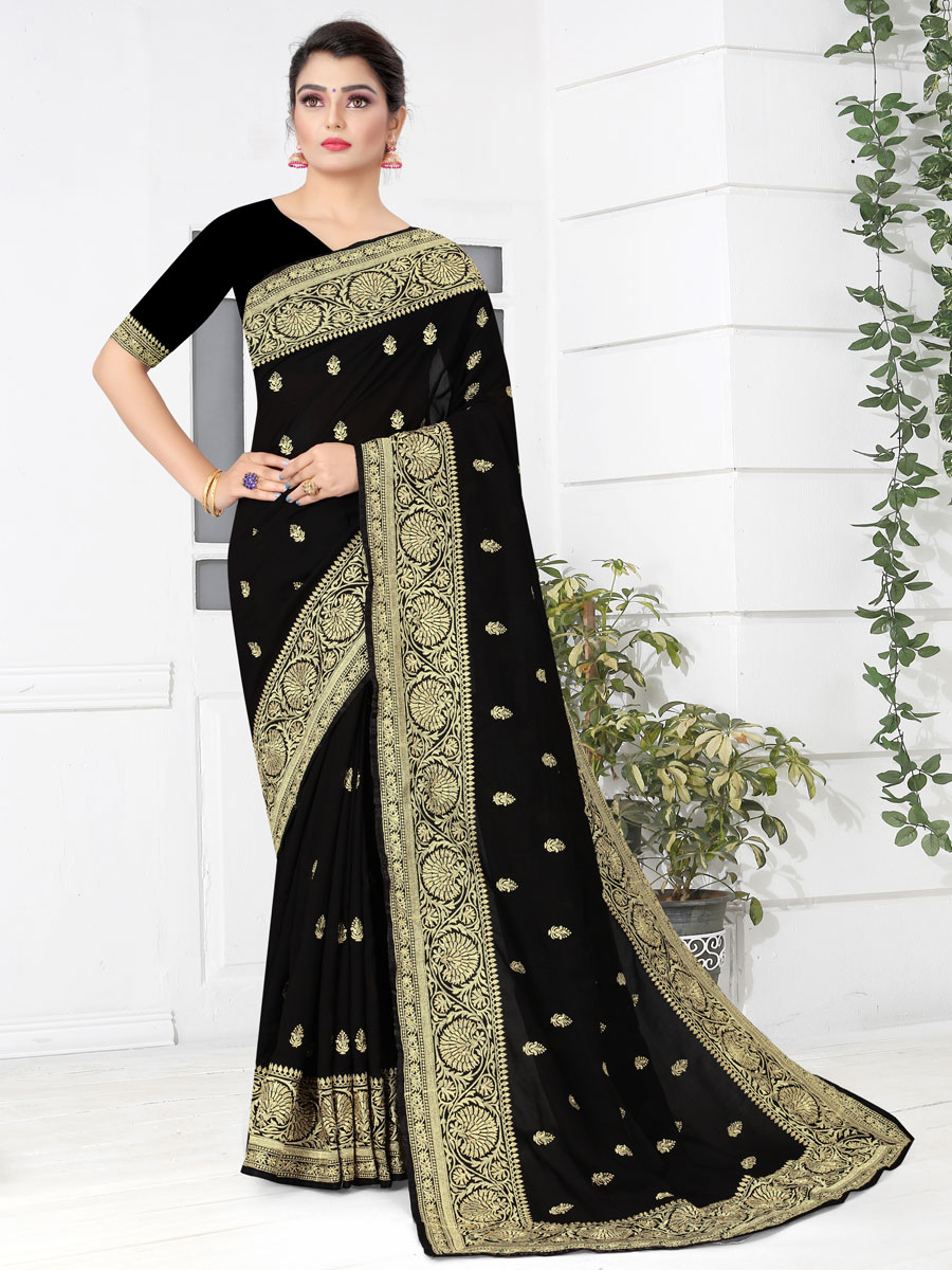 Black Vichitra Silk Embroidered Party Saree