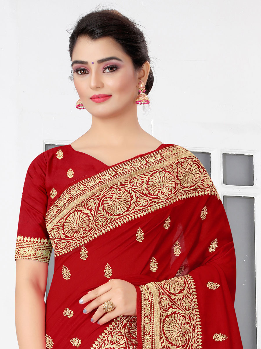 Venetian Red Vichitra Silk Embroidered Party Saree