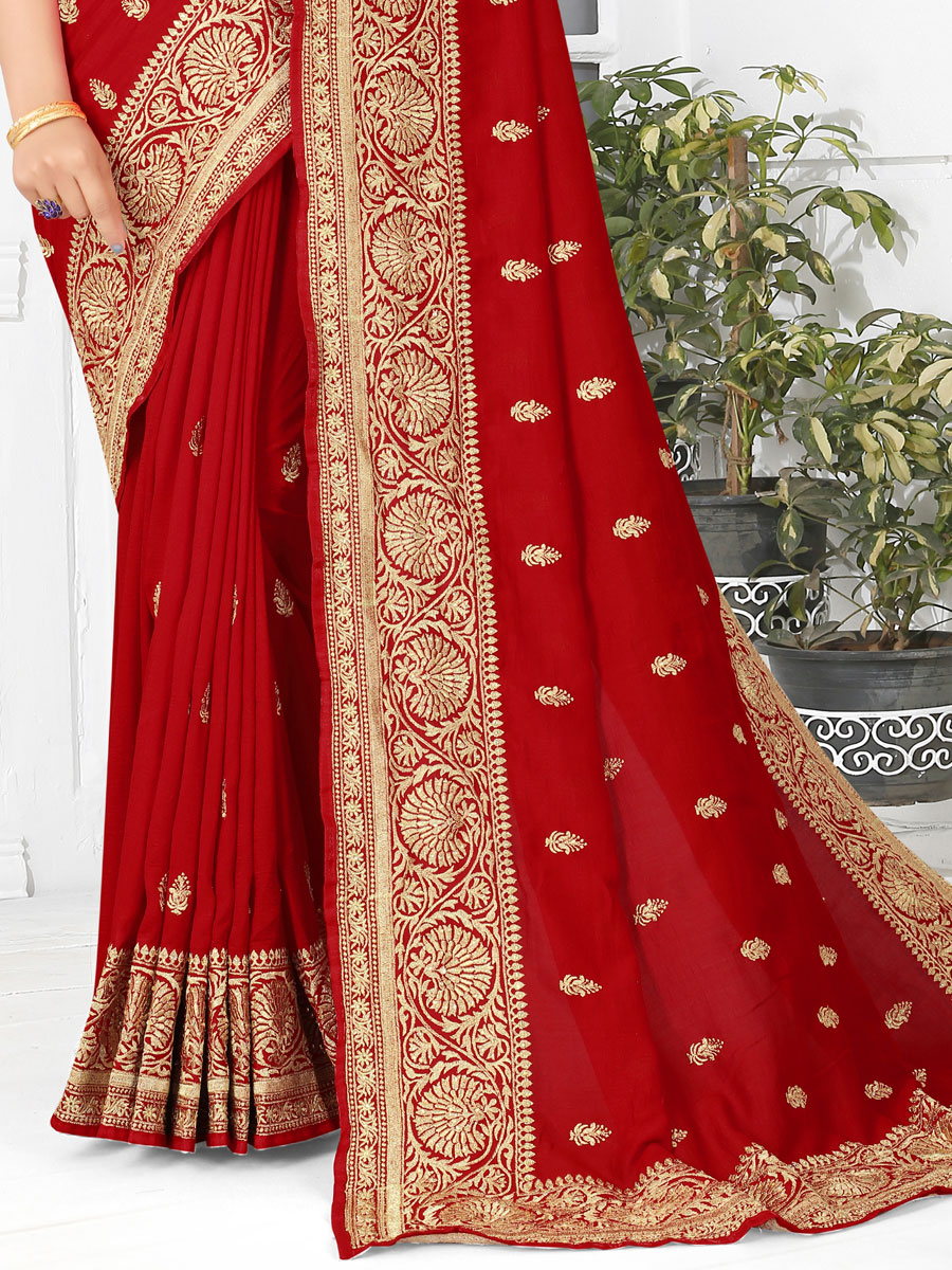 Venetian Red Vichitra Silk Embroidered Party Saree