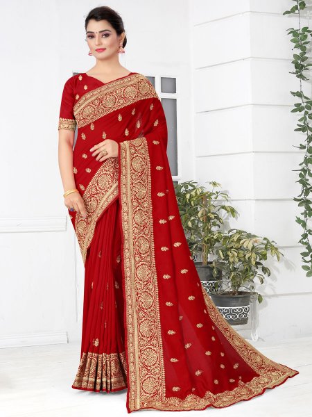 Venetian Red Vichitra Silk Embroidered Party Saree