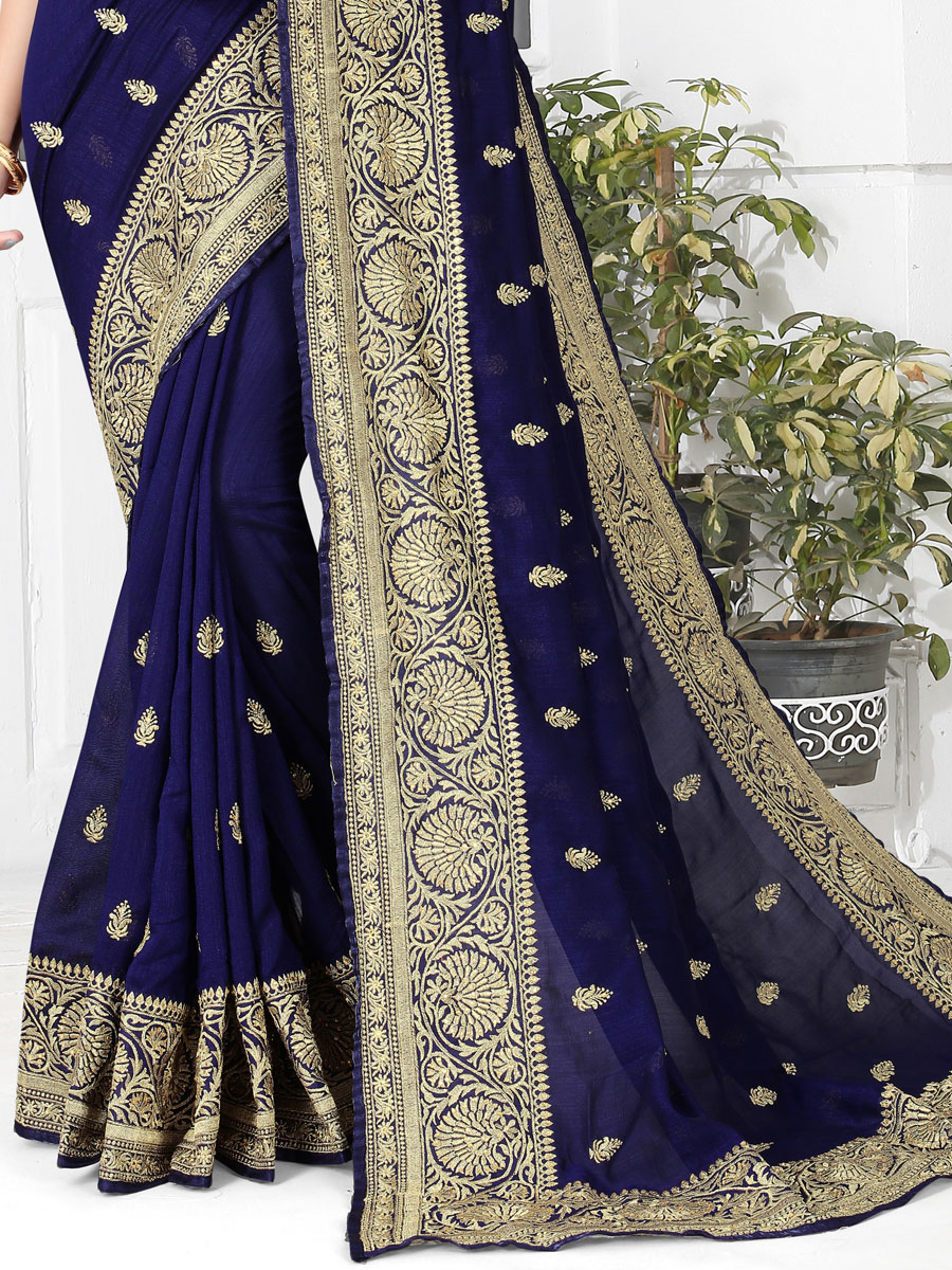 Navy Blue Vichitra Silk Embroidered Party Saree