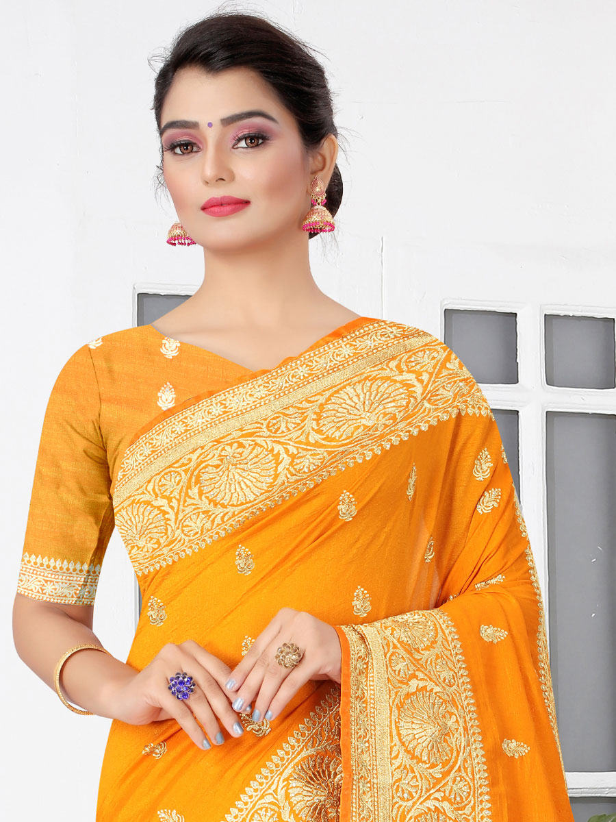 Mustard Yellow Vichitra Silk Embroidered Party Saree