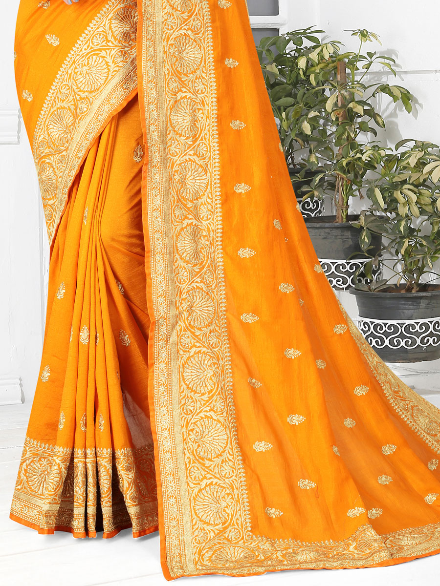 Mustard Yellow Vichitra Silk Embroidered Party Saree