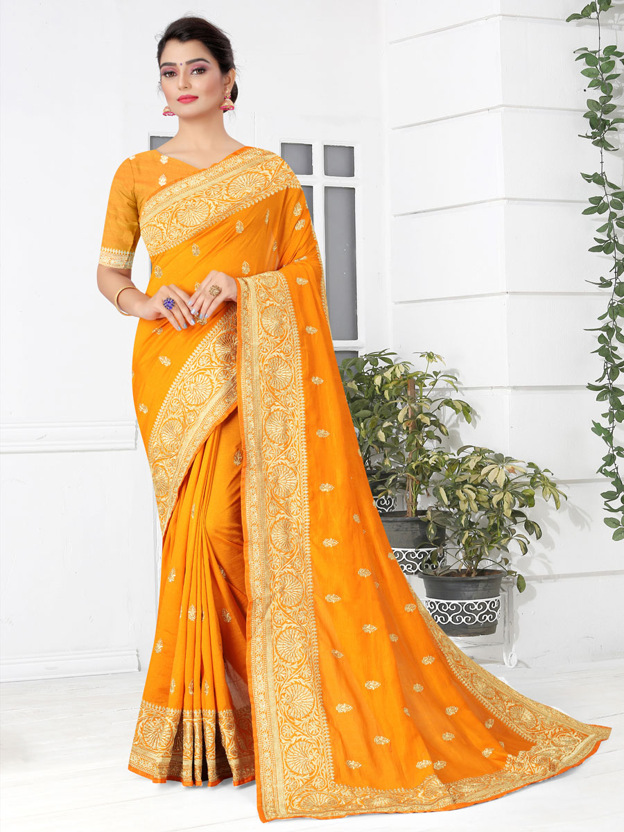 Mustard Yellow Vichitra Silk Embroidered Party Saree