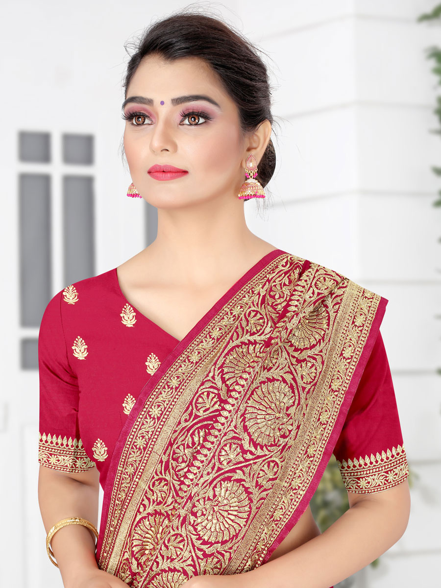 Cerise Pink Vichitra Silk Embroidered Party Saree