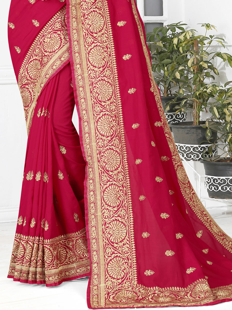 Cerise Pink Vichitra Silk Embroidered Party Saree