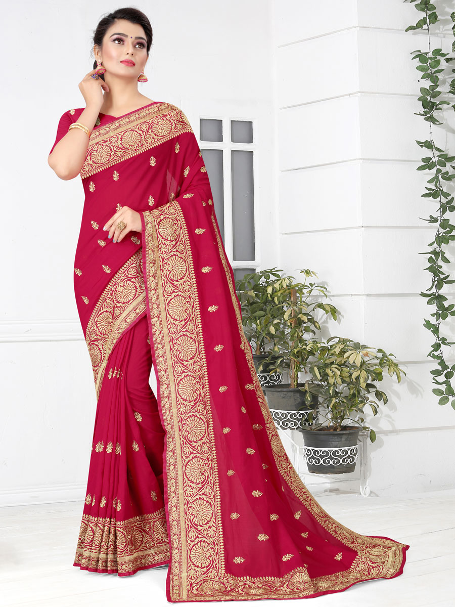 Cerise Pink Vichitra Silk Embroidered Party Saree