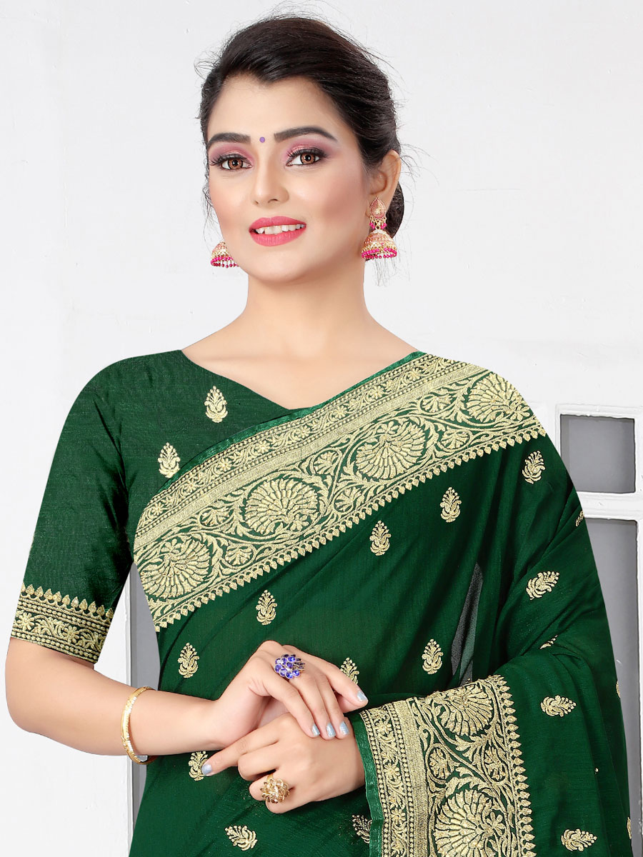 Hunter Green Vichitra Silk Embroidered Party Saree