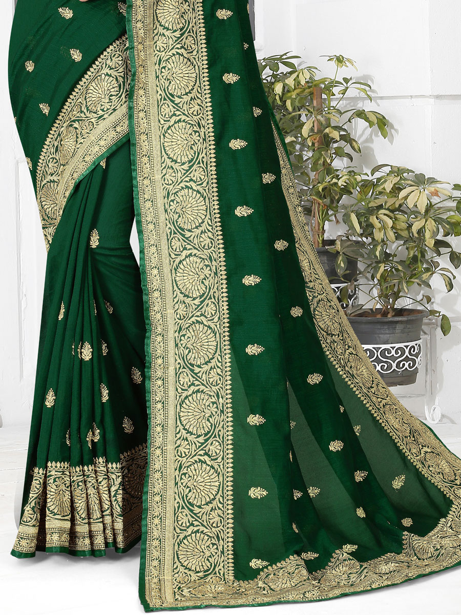 Hunter Green Vichitra Silk Embroidered Party Saree