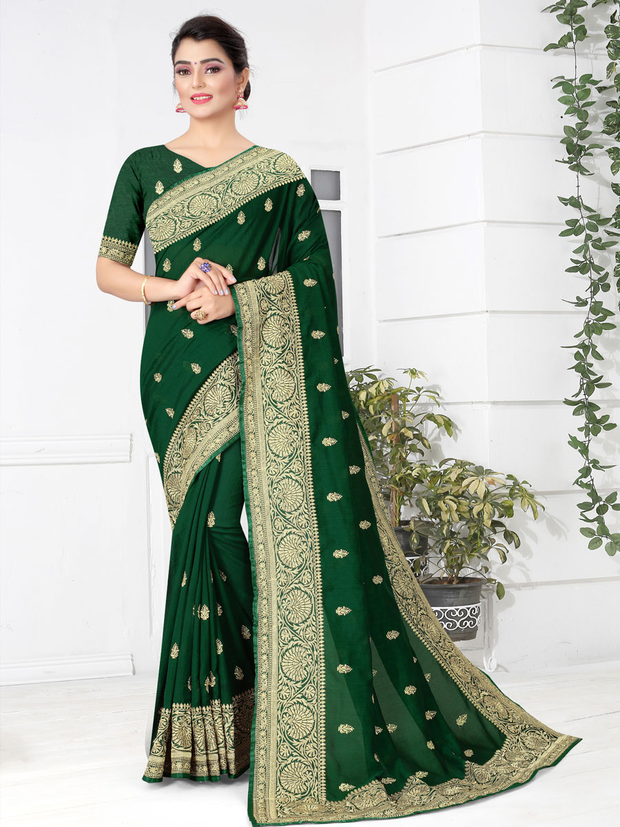 Hunter Green Vichitra Silk Embroidered Party Saree