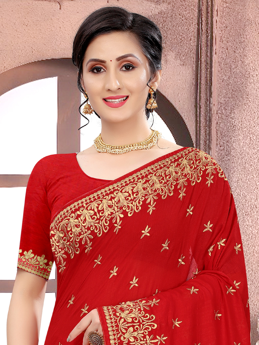 Venetian Red Vichitra Silk Embroidered Party Saree