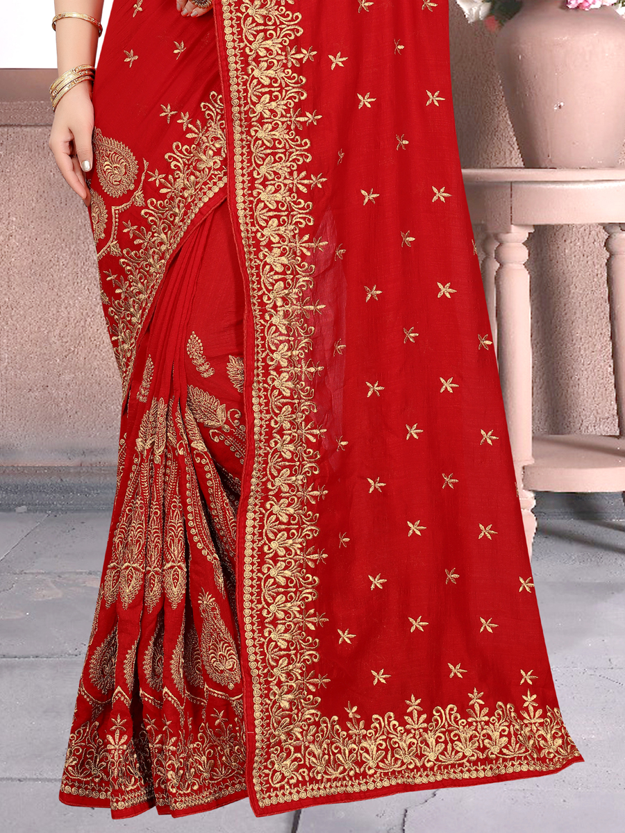 Venetian Red Vichitra Silk Embroidered Party Saree